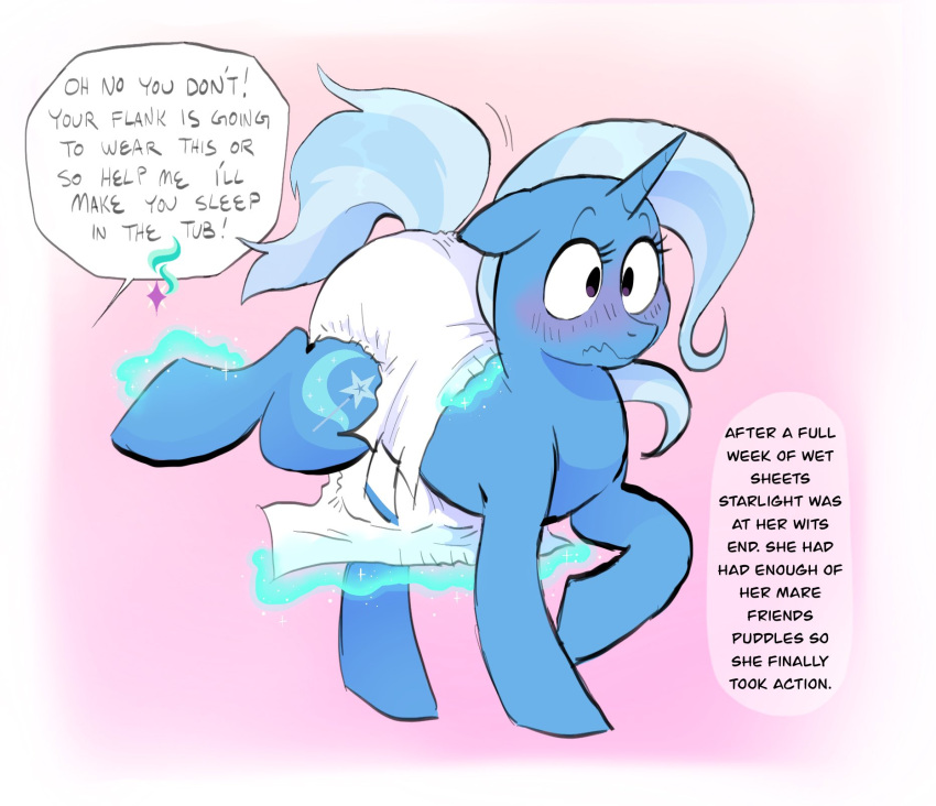 blush clean_diaper clothed clothing comic cutie_mark diaper diaper_only digital_media_(artwork) english_text equid equine female feral friendship_is_magic hair hasbro hi_res horn mammal my_little_pony simple_background slusheep solo tail text topless trixie_(mlp) unicorn wearing_diaper