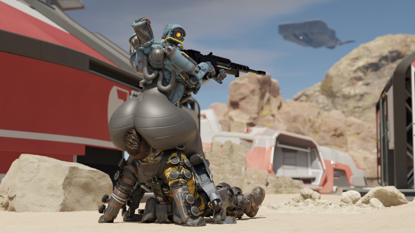 absurd_res android apex_legends big_butt butt clothed clothing duo facesitting gun hair hi_res huge_butt human humanoid machine male male/male mammal metal metallic_body mirage_(apex_legends) not_furry pathfinder_(apex_legends) pyro_enthusiast ranged_weapon robophilia robot sitting_on_another smothering thick_thighs weapon wide_hips