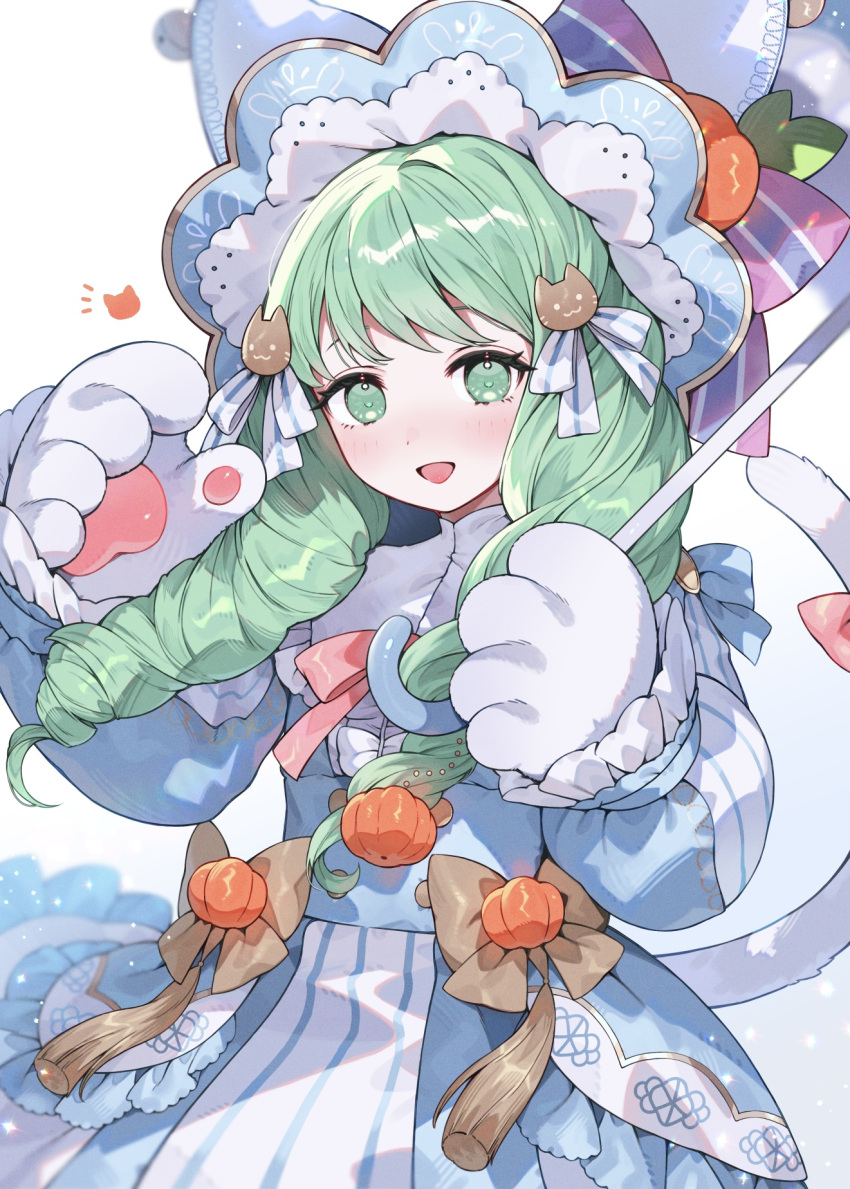 1girl animal_hands bell blush bow cat_tail commentary_request dot_nose drill_hair fake_tail fire_emblem fire_emblem:_three_houses fire_emblem_heroes flayn_(fire_emblem) flayn_(halloween)_(fire_emblem) frills gloves green_eyes green_hair hair_ornament halloween_costume highres jack-o'-lantern_hat_ornament long_hair long_sleeves looking_at_viewer official_alternate_costume open_mouth paw_gloves pink_bow pumpkin shibainu simple_background solo tail tail_bow tail_ornament twin_drills white_background