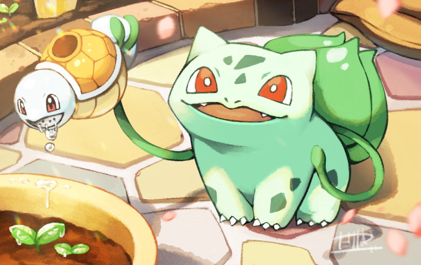 animal_focus bright_pupils bulbasaur claws fangs holding holding_watering_can no_humans nostrils open_mouth plant pokemon pokemon_(creature) red_eyes signature solo sprout squirtle stone_floor takenaka0229 vines watering watering_can white_pupils