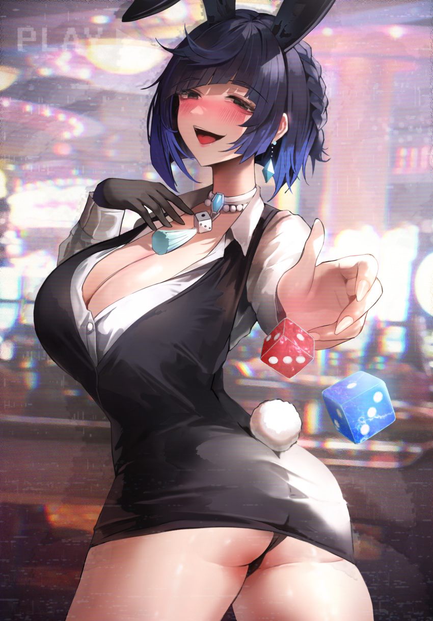 1girl absurdres animal_ears ass black_gloves black_hair blue_hair blush bob_cut breasts cleavage diagonal_bangs dice fake_animal_ears fake_tail genshin_impact gloves green_eyes highres large_breasts looking_at_viewer multicolored_hair open_mouth rabbit_ears rabbit_tail short_hair single_glove smile solo suou-sensei tail twisted_torso two-tone_hair yelan_(genshin_impact)