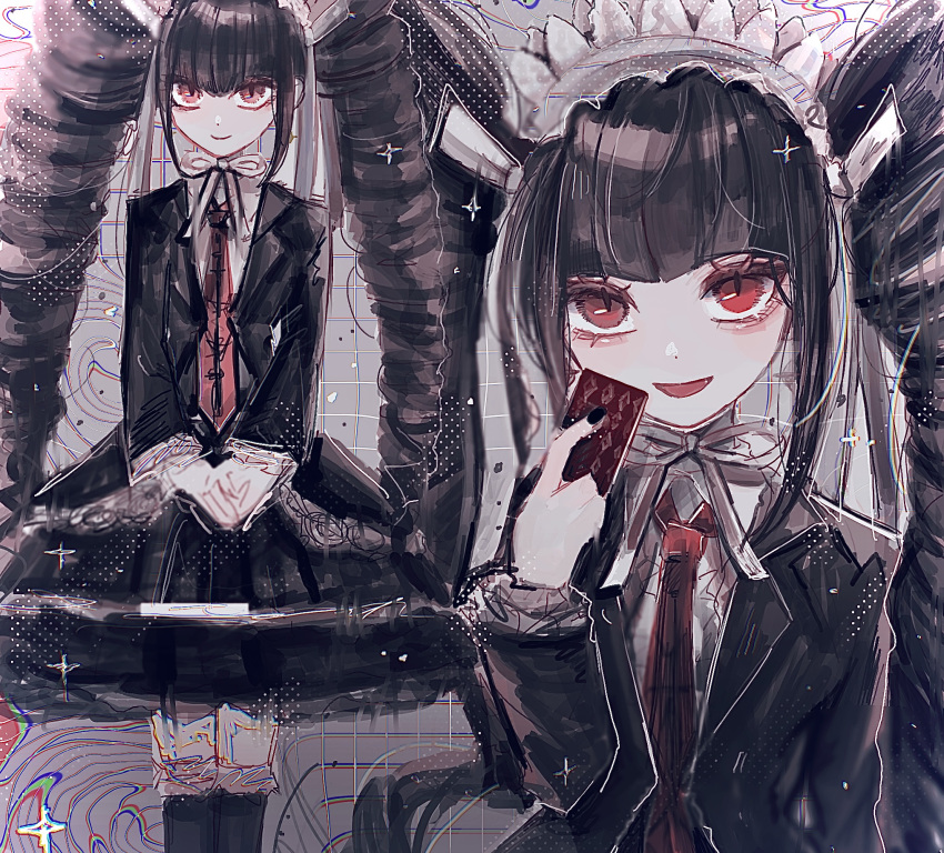 1girl :d black_hair black_jacket black_skirt black_thighhighs blunt_bangs brown_hair card celestia_ludenberg closed_mouth collared_shirt danganronpa:_trigger_happy_havoc danganronpa_(series) drill_hair feet_out_of_frame hand_up highres holding holding_card jacket layered_skirt long_hair long_sleeves multiple_views naruse_(nal1525) necktie open_mouth print_necktie red_eyes red_necktie shirt skirt smile thighhighs twin_drills twintails upper_body