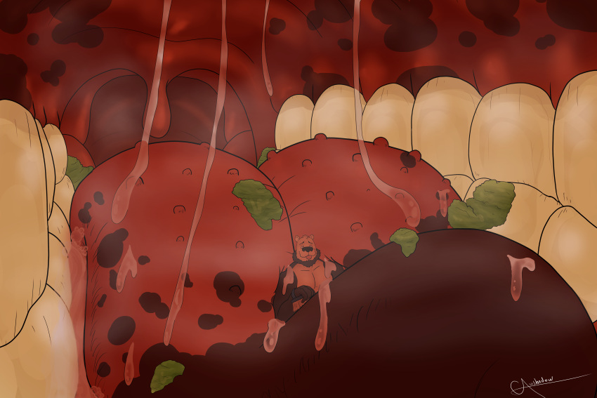 absurd_res aker_(rouenalmer) anthro bear brontosaurus dinosaur diplodocid duo food guishadow hi_res male male/male mammal oral_vore reptile rouen_(blazingfrostwolf) sauropod scalie thick_tongue tongue tongue_bed tongue_love tongue_play tongue_worship vore
