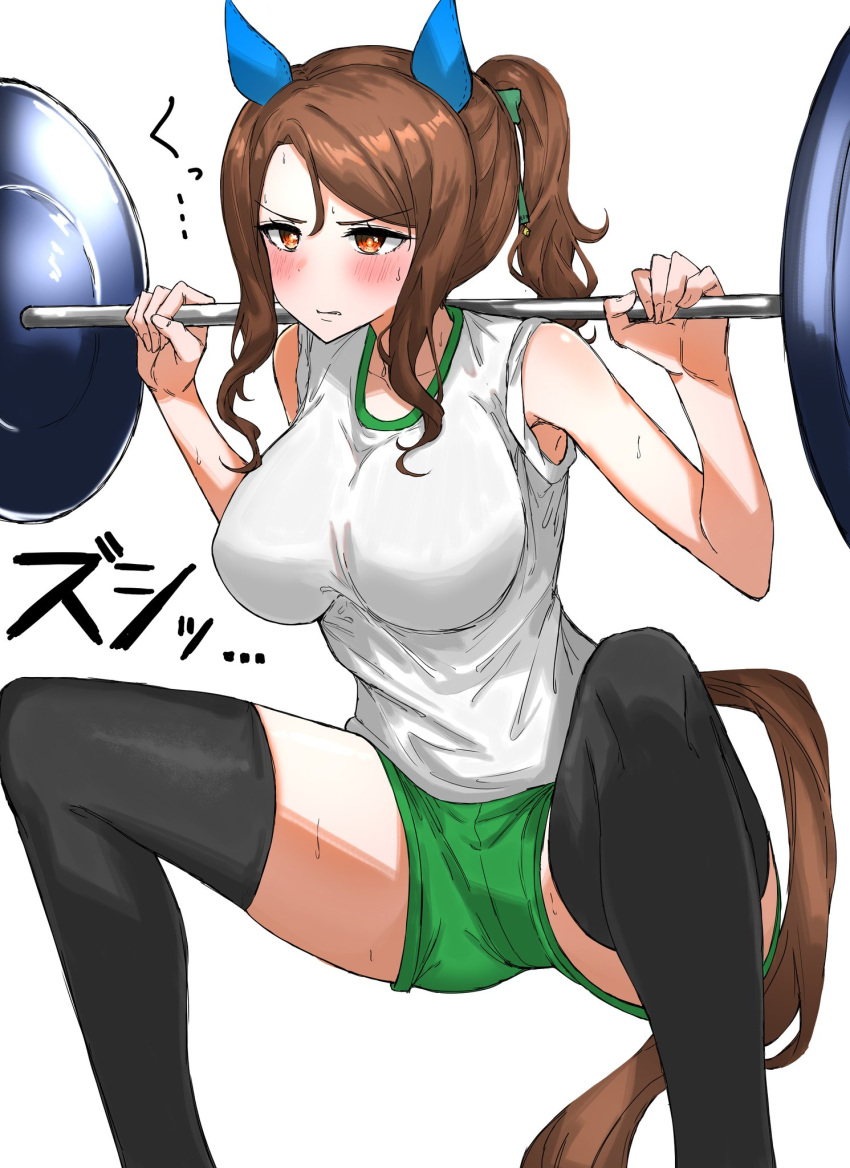 1girl animal_ears barbell black_thighhighs breasts brown_hair ear_covers exercise feet_out_of_frame green_shorts hair_between_eyes high_ponytail highres horse_ears horse_girl horse_tail king_halo_(umamusume) kumiyabe orange_eyes ponytail shorts sleeveless sportswear squatting tail thighhighs thighs tracen_training_uniform umamusume vest weightlifting white_vest