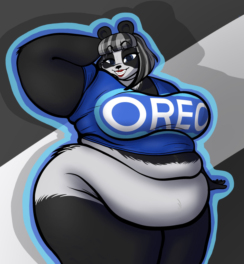 2022 absurd_res anthro bear belly_overhang fat_arms female food giant_panda hi_res mammal morbidly_obese morbidly_obese_female nicole_alana obese obese_female oreo_(food) overweight overweight_female pantsless puhba solo