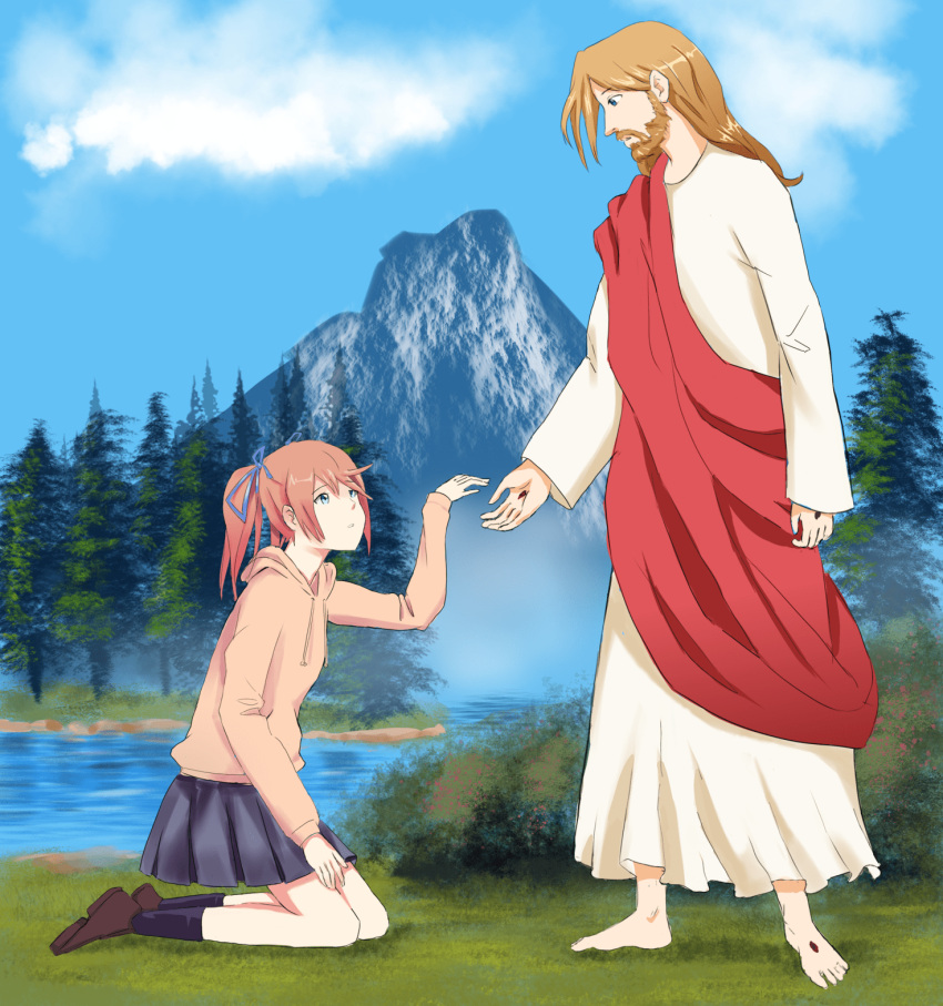 1girl barefoot black_skirt blue_sky bow brown_footwear brown_sweater catholic cloud commentary_request deep_wound english_commentary green_eyes hair_bow highres injury jesus kneeling lake long_hair long_sleeves mixed-language_commentary mountain nature open_hand pine_tree pleated_skirt red_hair red_sash religious_offering robe sash skirt sky sweater tree verxamel white_robe