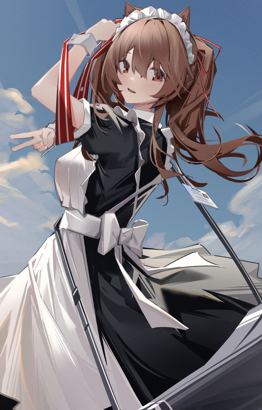 1girl :d alternate_costume angelina_(arknights) animal_ears apron arknights arm_up black_dress breasts brown_hair chichi_guai dress enmaided feet_out_of_frame fox_ears highres large_breasts long_hair maid maid_headdress open_mouth red_eyes smile solo standing twintails white_apron wrist_cuffs