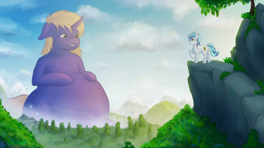 2018 belly big_belly blonde_mane blue_mane cutie_mark duo equid equine fan_character feral foxyghost hasbro hi_res horn macro male mammal mane mountain my_little_pony outside size_difference snap_feather unicorn white_body