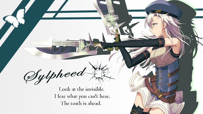 1girl absurdres breasts bug bullet_hole butterfly detached_sleeves dual_wielding eiyuu_densetsu english_text fie_claussell from_side green_eyes gun gunblade hair_between_eyes hat highres holding holding_gun holding_weapon long_hair sen_no_kiseki sen_no_kiseki_iii shadow silhouette skirt small_breasts solo thighhighs weapon white_hair witch_f