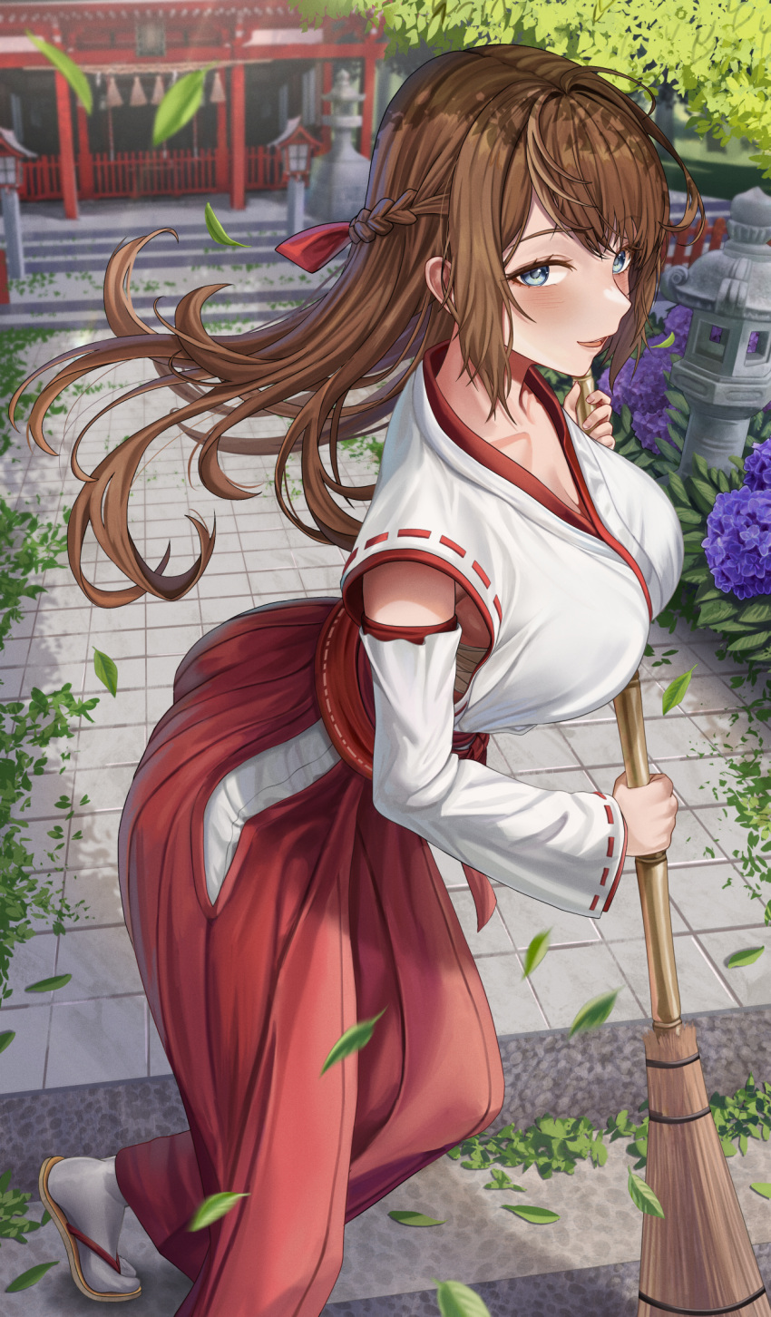 1girl blue_eyes breasts broom brown_hair bush chest_sarashi collarbone detached_sleeves falling_leaves floating_hair flower foot_out_of_frame hakama highres holding holding_broom japanese_clothes large_breasts leaf long_hair looking_at_viewer miko open_mouth original outdoors purple_flower red_hakama sandals sarashi shrine silvertsuki smile socks solo sweeping tabi tile_floor tiles white_socks