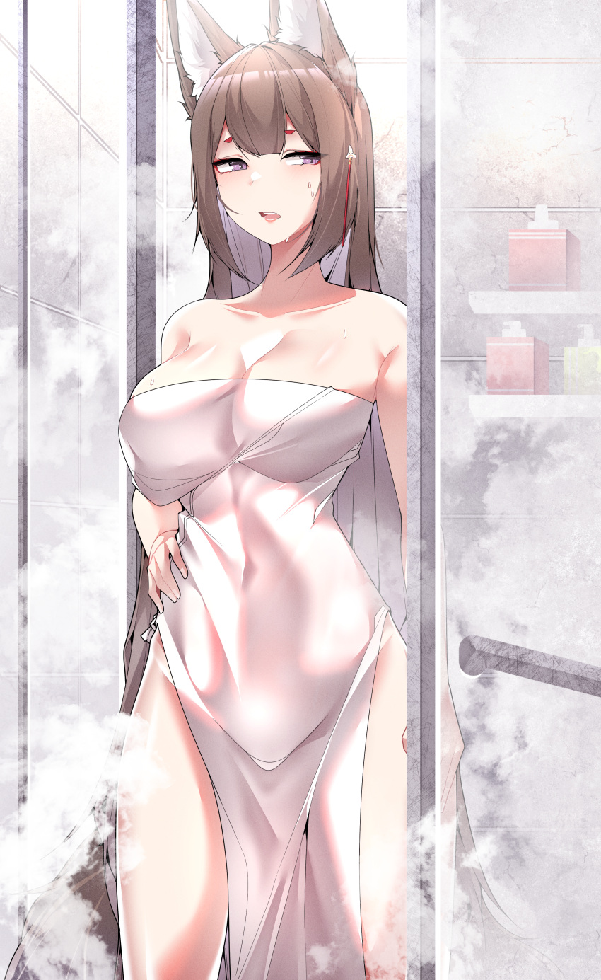 1girl absurdres amagi_(azur_lane) animal_ears azur_lane bare_shoulders bathroom blush breasts brown_hair cleavage covered_navel cowboy_shot eyeshadow fox_ears fox_girl fox_tail hair_between_eyes hair_ornament hairpin half-closed_eyes hand_on_own_hip highres hip_focus kitsune large_breasts legs_apart long_hair looking_at_viewer makeup multiple_tails naked_towel open_mouth purple_eyes red_eyeshadow samip shower_(place) slit_pupils solo standing steam tail teeth thighs towel upper_teeth_only very_long_hair wet wet_towel