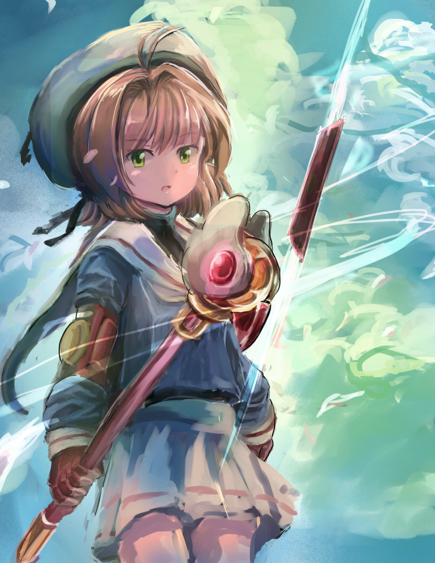 1girl absurdres antenna_hair blue_shirt brown_gloves brown_hair cardcaptor_sakura cloud clow_card commentary_request cowboy_shot flat_chest fuuin_no_tsue gloves green_eyes grey_skirt hair_between_eyes hair_intakes hat highres holding holding_wand kinomoto_sakura long_bangs looking_at_viewer medium_hair open_mouth pleated_skirt sailor_collar school_uniform sensi_tobikage serafuku shirt skirt solo wand white_headwear white_sailor_collar