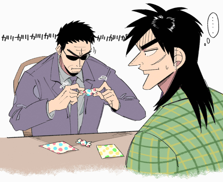 ... 2boys :i black_eyes black_hair closed_mouth collared_shirt commentary_request endou_yuuji fukumoto_nobuyuki_(style) green_shirt grey_background grey_shirt highres inudori itou_kaiji jacket kaiji long_hair long_sleeves looking_at_another male_focus medium_bangs multiple_boys necktie official_style parody plaid plaid_shirt purple_jacket purple_necktie scar scar_on_cheek scar_on_ear scar_on_face shirt short_bangs short_hair simple_background spoken_ellipsis style_parody suit upper_body very_short_hair wrapped_candy wrapping