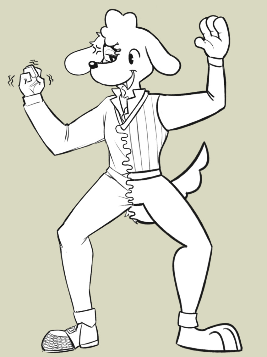 4_fingers 5_fingers anthro astroturf body_takeover canid canine canis clothing cross-popping_vein domestic_dog fingers fur hi_res line_art male mammal monochrome one_shoe_on shaking solo sweater sweater_vest toonification toony topwear transformation vest