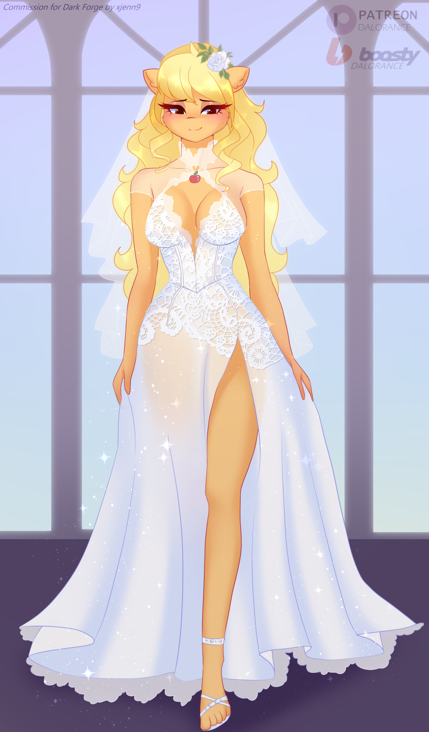 absurd_res anthro anthrofied applejack_(mlp) big_breasts blonde_hair breasts cleavage clothed clothing dress equid equine female friendship_is_magic fur hair hasbro hi_res mammal my_little_pony orange_body orange_fur solo wedding_dress xjenn9