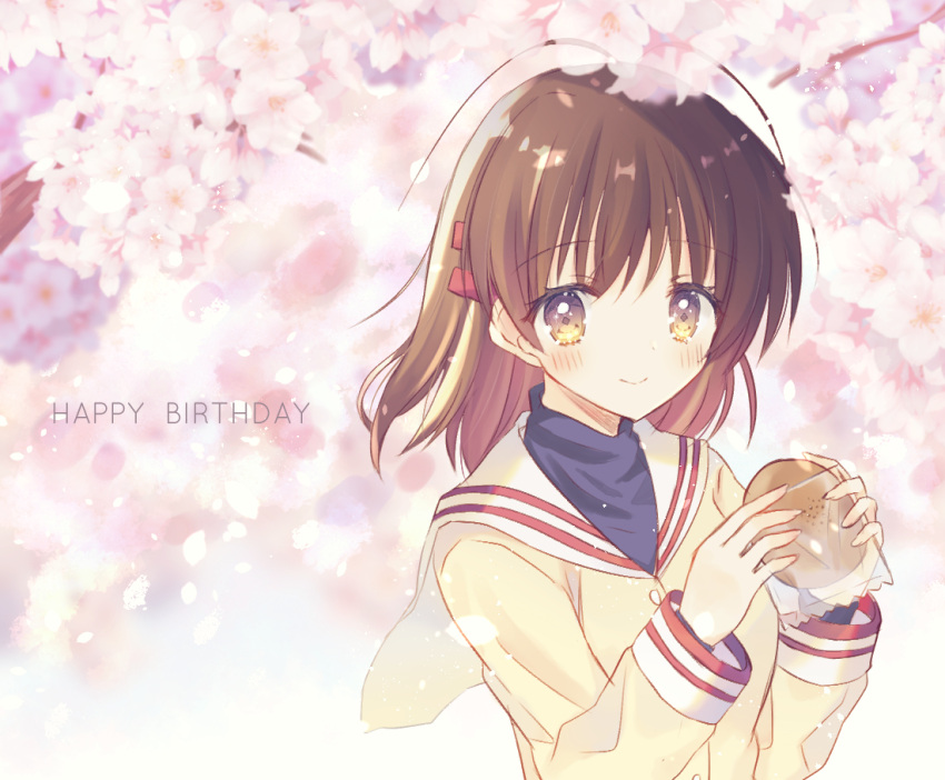 1girl aiyan anpan antenna_hair blurry blurry_background blush brown_eyes brown_hair cherry_blossoms clannad closed_mouth commentary_request day eyelashes eyes_visible_through_hair falling_petals food furukawa_nagisa hair_between_eyes hair_ornament hairclip hands_up happy_birthday holding holding_food jacket long_sleeves looking_at_viewer medium_hair outdoors petals sailor_collar school_uniform smile solo upper_body white_sailor_collar yellow_jacket