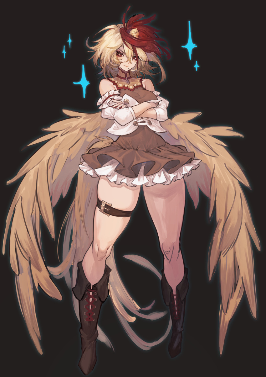 1girl adapted_costume animal_on_head bird bird_wings black_background blonde_hair blush boots bow breasts brown_footwear buckle chick commentary cross-laced_footwear crossed_arms detached_sleeves dress expressionless feathered_wings fingernails frilled_dress frills full_body highres joker_(stjoker) knees lips long_sleeves looking_at_viewer medium_breasts multicolored_hair nail_polish niwatari_kutaka on_head red_bow red_eyes red_hair red_nails red_ribbon ribbon sharp_fingernails short_hair simple_background solo sparkle tail_feathers thick_thighs thigh_strap thighs touhou two-tone_hair vest white_vest wings yellow_wings