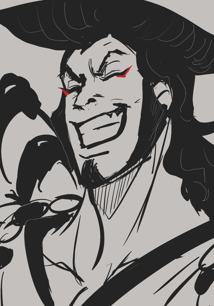 1boy benji-doodles eyeliner food grin happy highres kouzuki_oden long_hair makeup male_focus oden one_piece red_eyeliner samurai sketch smile teeth