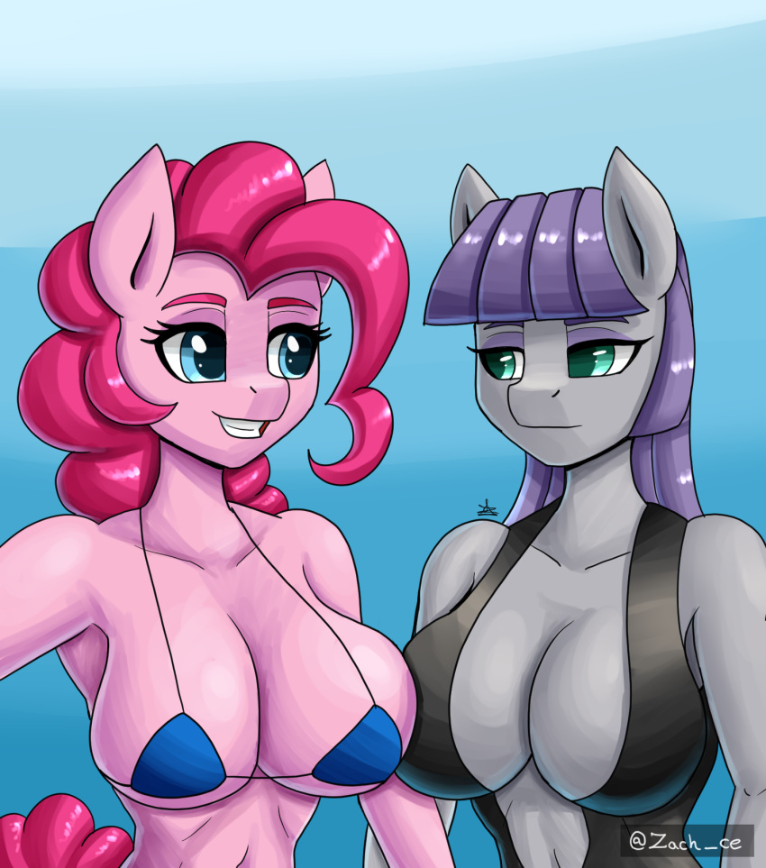 anthro anthrofied big_breasts bikini breast_squish breasts breasts_frottage cleavage clothed clothing duo equid equine female friendship_is_magic hasbro hi_res mammal maud_pie_(mlp) my_little_pony pinkie_pie_(mlp) sibling_(lore) sister_(lore) sisters_(lore) squish swimwear zachc