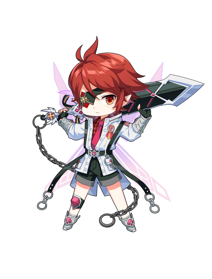 1boy absurdres black_shorts eyepatch fingerless_gloves gloves greatsword hero_(latale) highres hood hoodie latale necktie pointy_ears red_eyes red_hair red_necktie red_shirt shirt shorts sword transparent_background weapon white_footwear white_hoodie wings