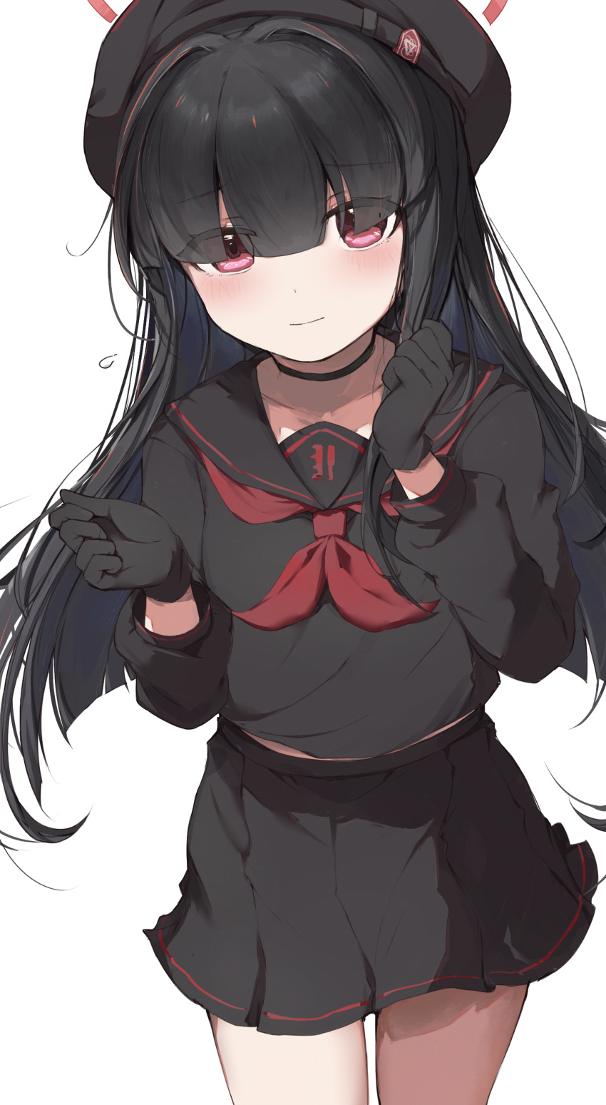 1girl absurdres black_choker black_gloves black_hair black_headwear black_sailor_collar black_serafuku black_skirt blue_archive blush choker closed_mouth collarbone eyes_visible_through_hair gloves halo hat highres justice_task_force_member_(blue_archive) long_hair long_sleeves looking_at_viewer neckerchief ra_mun5239 red_eyes red_halo red_neckerchief sailor_collar school_uniform serafuku simple_background skirt solo thighs white_background