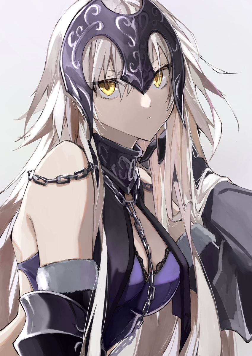 1girl armor armored_dress bare_shoulders black_dress breasts chain cleavage collar dress fate/grand_order fate_(series) gauntlets grey_hair headpiece highres jeanne_d'arc_alter_(avenger)_(fate) jeanne_d'arc_alter_(fate) kino_kokko large_breasts long_hair looking_at_viewer metal_collar solo very_long_hair yellow_eyes