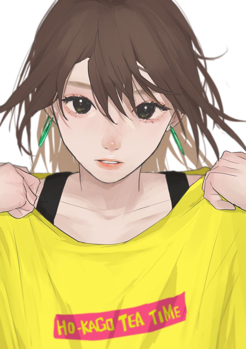 1girl absurdres black_eyes brown_hair collarbone commentary_request earrings highres hirasawa_yui jewelry k-on! necosuna7l realistic shirt simple_background solo white_background yellow_shirt