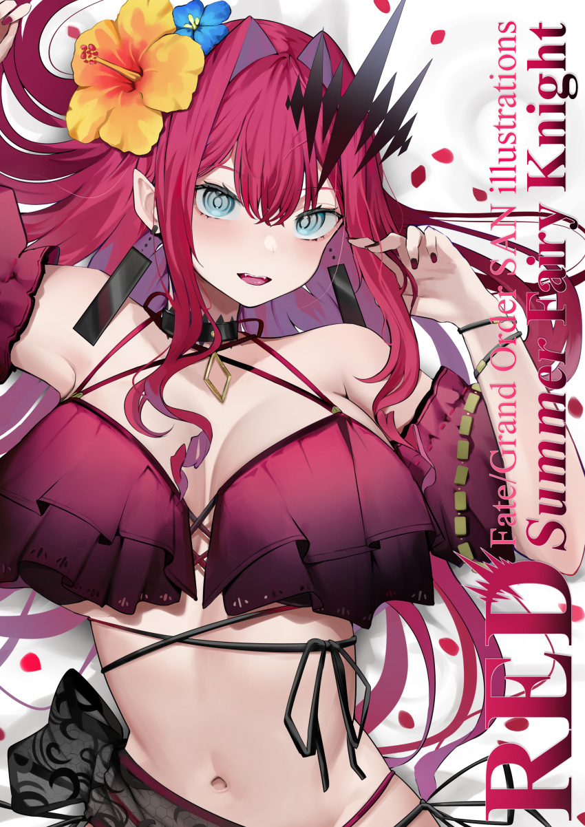 1girl absurdres baobhan_sith_(fate) bare_shoulders bikini blue_eyes blue_flower blush breasts fate/grand_order fate_(series) flower frilled_bikini frills grey_eyes hair_flower hair_intakes hair_ornament hibiscus highres large_breasts long_hair looking_at_viewer navel open_mouth petals pink_hair pointy_ears red_bikini rose_petals san_(harutuki_3) sidelocks smile solo swimsuit yellow_flower