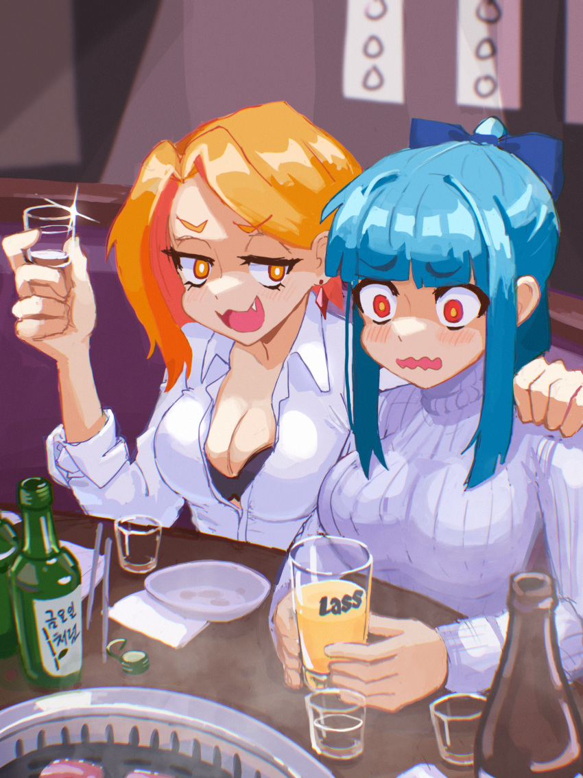 2girls alcohol beer_bottle black_bra blue_hair blunt_bangs blush bra breasts chopsticks cleavage collared_shirt cup drinking_glass drunk endless_monday:_dreams_and_deadlines english_commentary fang hand_on_another's_shoulder hcnone highres holding holding_cup long_sleeves multiple_girls office_lady orange_eyes orange_hair original penny_(hcnone) plate shirt short_hair shot_glass sidelocks sparkle sweater table unbuttoned unbuttoned_shirt underwear upper_body wavy_mouth whiskey_(hcnone) white_shirt white_sweater