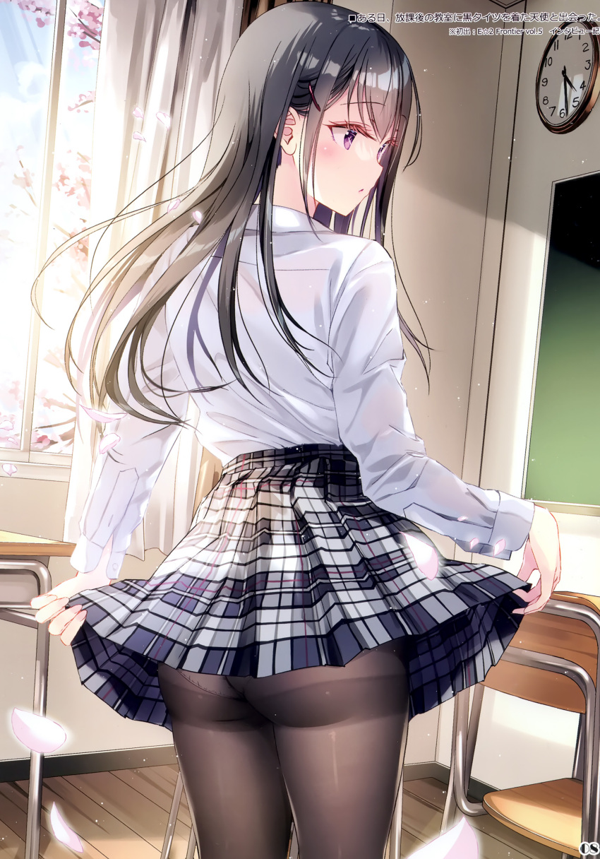 1girl absurdres ass black_hair blue_sky blush branch chair chalkboard cherry_blossoms classroom day desk fingernails flower from_behind hair_ornament hairclip highres holding kobayashi_chisato long_hair long_sleeves original panties panties_under_pantyhose pantyhose petals purple_eyes scan school_desk shiny_clothes shirt simple_background skirt skirt_hold sky solo underwear window wooden_floor
