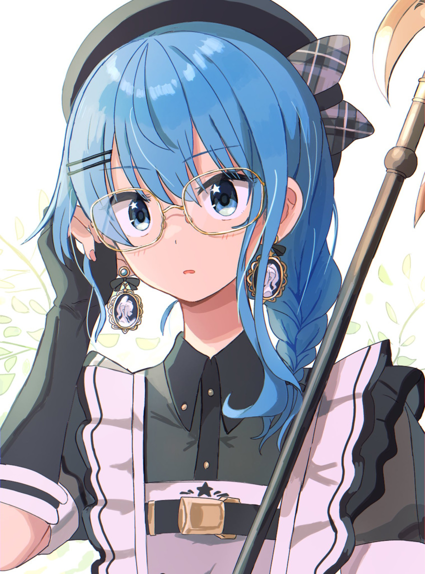 1girl apron bardiche_(weapon) beret black_dress black_gloves black_headwear blue_eyes blue_hair blush braid chest_belt choppy_bangs commentary dress fingerless_gloves fingernails frilled_apron frills glasses gloves grey_apron hair_ornament hair_over_shoulder hair_tucking hairclip hat highres holding holding_weapon hololive hoshimachi_suisei hoshimachi_suisei_(6th_costume) kaigaraori long_hair medium_hair official_alternate_costume official_alternate_hairstyle parted_lips see-through see-through_sleeves short_sleeves side_braid single_braid solo star_(symbol) star_in_eye surprised symbol_in_eye virtual_youtuber weapon