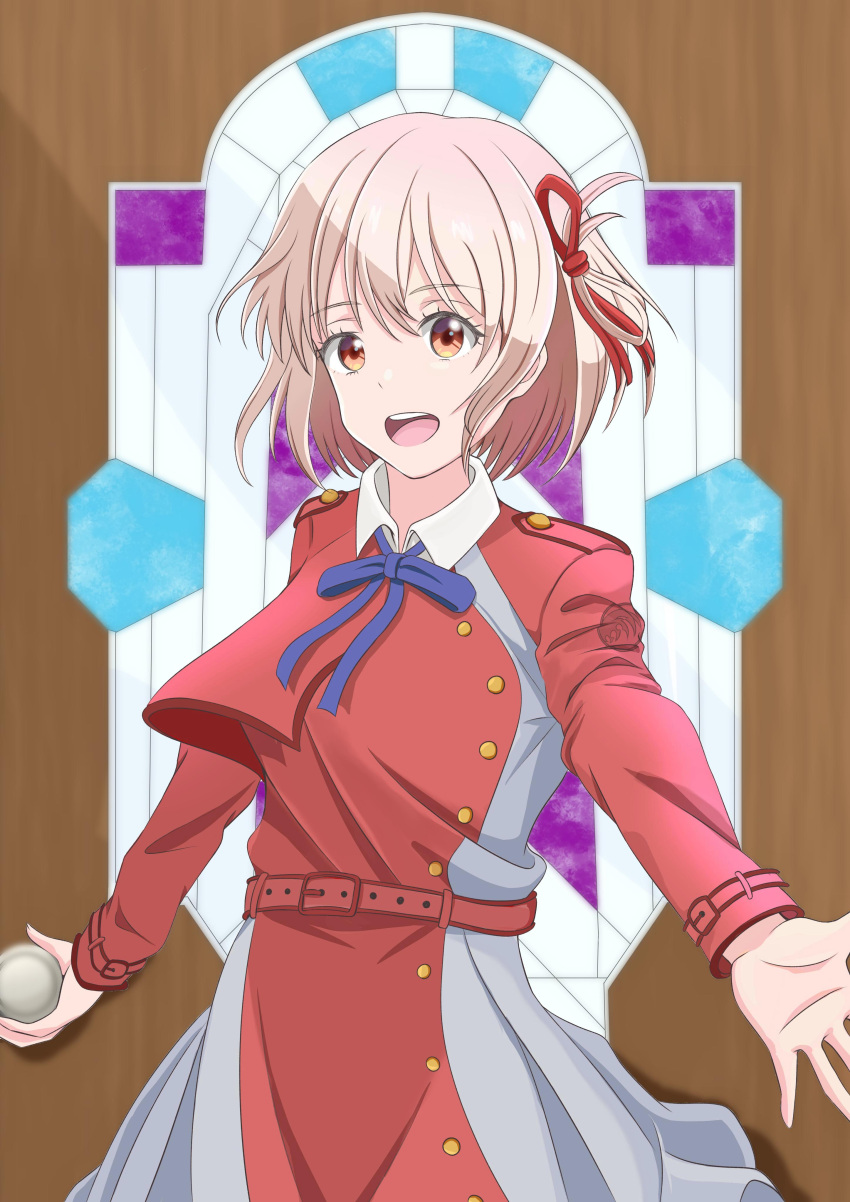 1girl absurdres blonde_hair blue_ribbon collared_dress commentary cowboy_shot door dress grey_dress hair_ribbon highres long_sleeves looking_at_viewer lycoris_recoil lycoris_uniform neck_ribbon nishikigi_chisato pleated_dress red_dress red_eyes red_ribbon ribbon short_hair solo standing tenma_no_atelier two-tone_dress