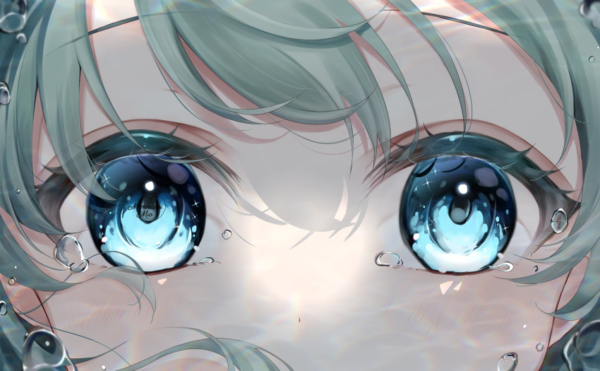 1girl air_bubble blue_eyes bubble close-up dot_nose eye_focus green_hair highres looking_at_viewer minamimio0527 original solo tearing_up underwater