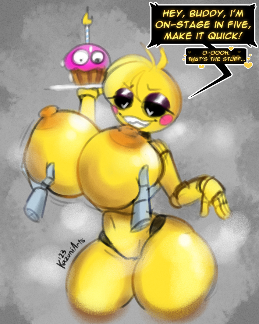 animatronic anthro avian big_breasts bird breast_squish breasts chicken cupcake_(fnaf) disembodied_hand doll_joints female five_nights_at_freddy's five_nights_at_freddy's_2 galliform gallus_(genus) hi_res huge_breasts kazuniarts machine nipples phasianid robot scottgames squish thick_thighs toy_chica_(fnaf)