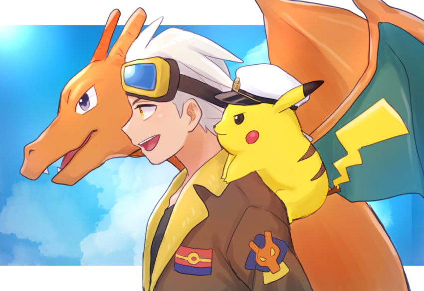 1boy :d brown_jacket captain_pikachu charizard clothed_pokemon cloud commentary_request friede_(pokemon) from_side goggles goggles_on_head highres jacket male_focus mochi_(mocchi_p_2m) open_mouth pikachu pokemon pokemon_(anime) pokemon_(creature) pokemon_horizons shirt sky smile teeth upper_body upper_teeth_only white_hair yellow_eyes