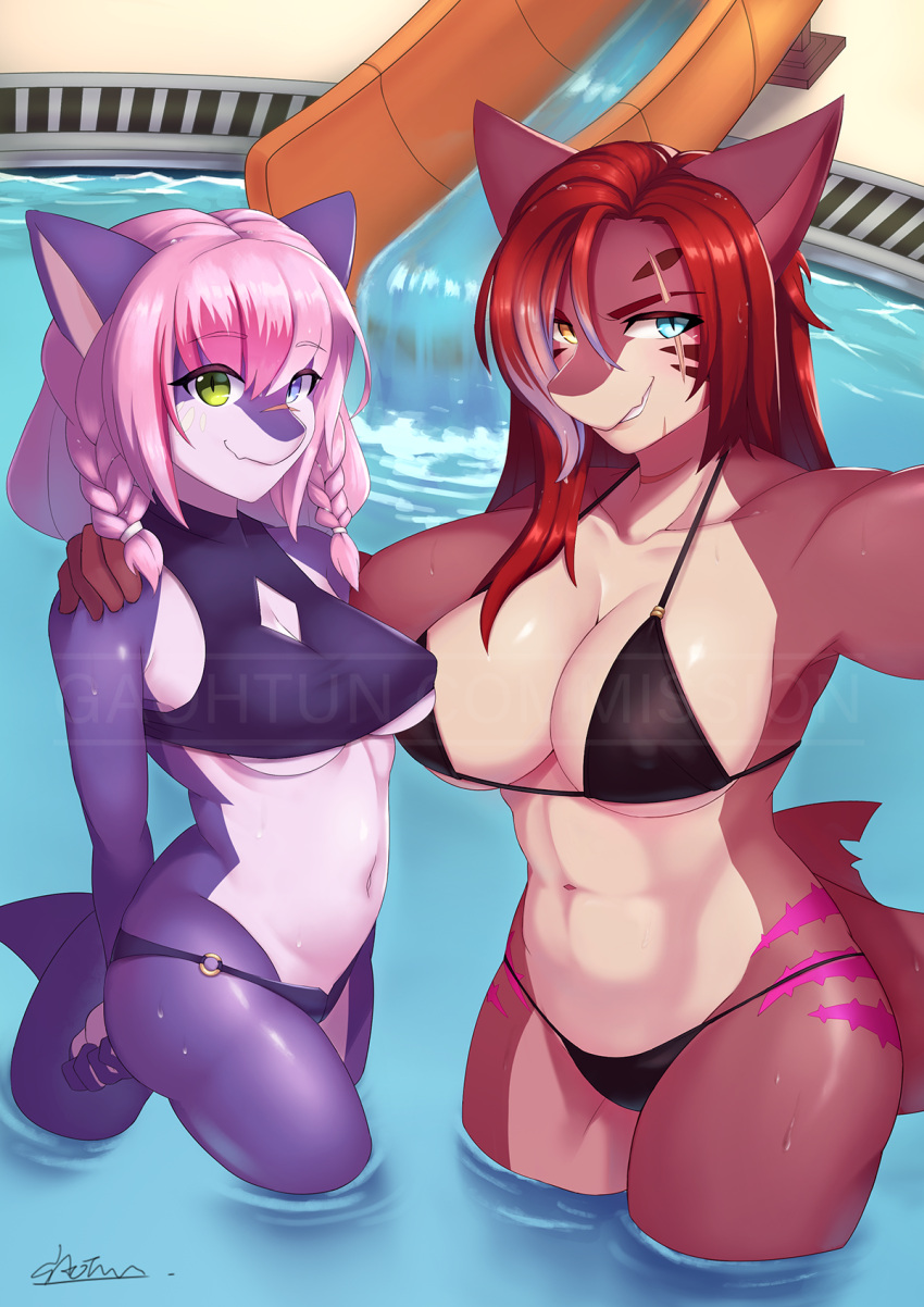 anthro big_breasts bikini blue_eyes breasts brown_eyes butt cleavage clothed clothing collarbone duo female fish gaothunnfsw green_eyes hair hand_on_shoulder heterochromia hi_res long_hair marine mouth_closed multicolored_hair navel pink_hair pool red_hair sabrith_ebonclaw shark slide smile swimwear tayelle_ebonclaw water_slide