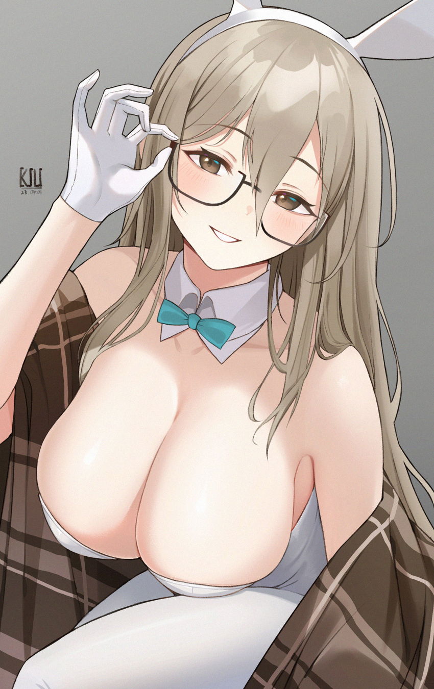 1girl akane_(blue_archive) akane_(bunny)_(blue_archive) animal_ears aqua_bow aqua_bowtie bare_shoulders black-framed_eyewear blue_archive blush bow bowtie breasts brown_hair cleavage collarbone detached_collar fake_animal_ears glasses grey_background hair_between_eyes highres kiu6 large_breasts long_hair looking_at_viewer official_alternate_costume pantyhose playboy_bunny rabbit_ears simple_background smile solo white_pantyhose