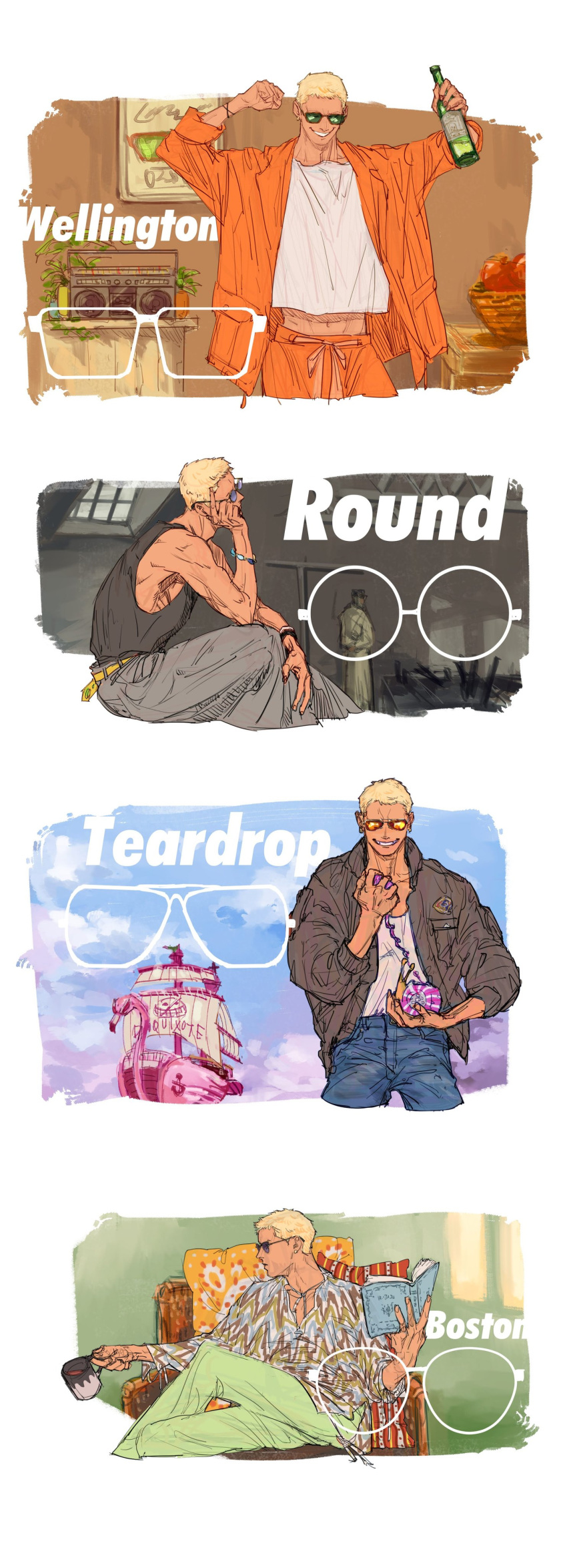 2boys absurdres basket bird black_shirt blonde_hair book bottle bracelet cup den_den_mushi denim donquixote_doflamingo earrings english_text flamingo glass head_rest highres holding holding_book holding_bottle holding_cup holding_phone jacket jeans jewelry male_focus multiple_boys muscular muscular_male navel one_piece orange_jacket pants phone pillow plant potted_plant ship shirt short_hair sitting sleeveless sleeveless_shirt smile standing sunglasses teeth variations vergo watercraft white_shirt wristband yukhoe0902