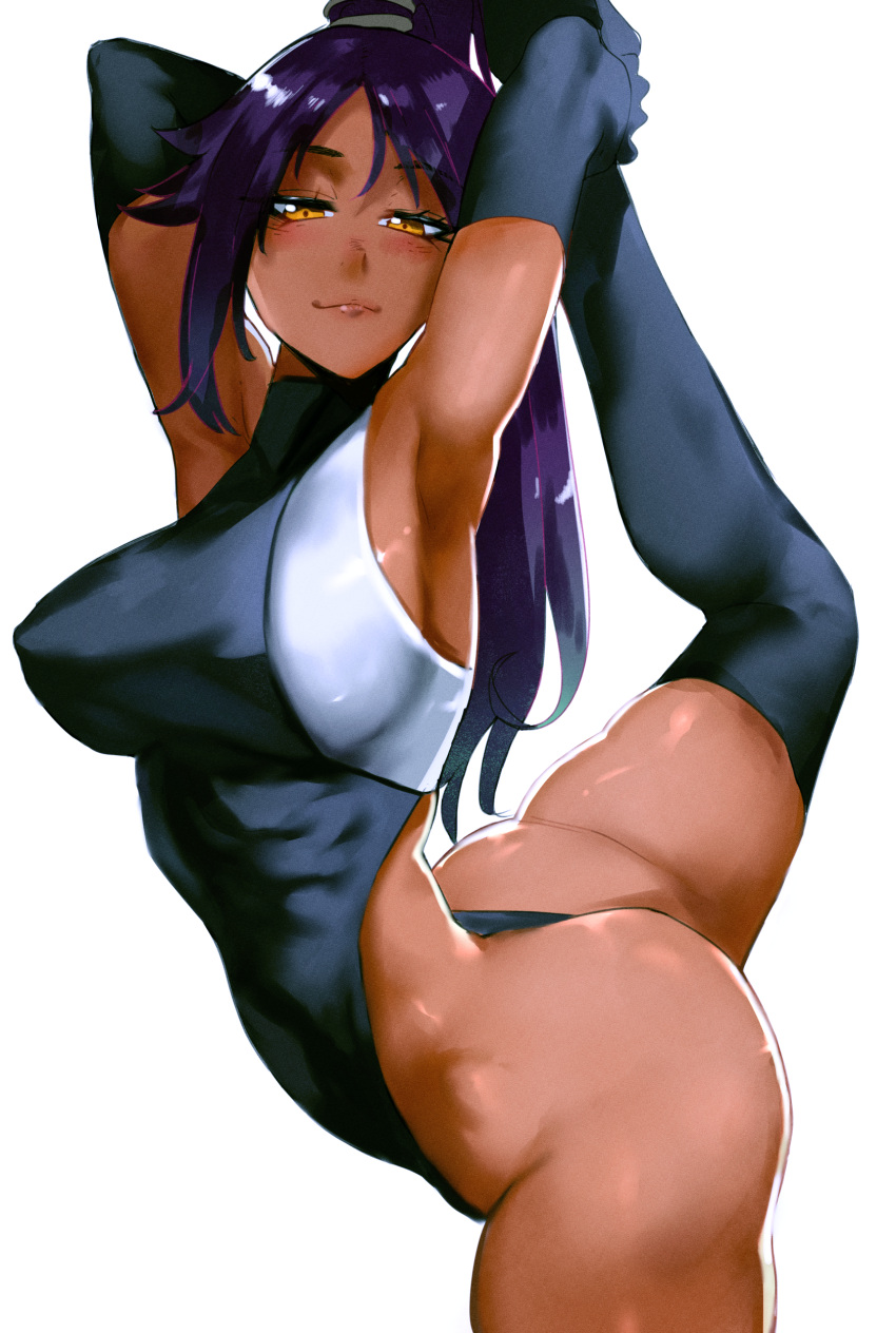 1girl absurdres armpits ass bangs black_gloves black_leotard black_thighhighs bleach breasts closed_mouth dark-skinned_female dark_skin elbow_gloves gloves highleg highleg_leotard highres imes large_breasts leg_up leotard long_hair looking_at_viewer parted_bangs ponytail purple_hair shihouin_yoruichi sleeveless_turtleneck_leotard smug solo split standing standing_on_one_leg standing_split stretching thighhighs white_background yellow_eyes