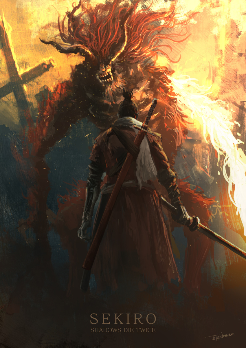 1boy artist_name black_hair character_name copyright_name cross demon_of_hatred fire from_behind highres holding holding_sword holding_weapon horns long_hair looking_at_another monster red_hair sekiro sekiro:_shadows_die_twice sharp_teeth short_hair sword teeth tripdancer weapon