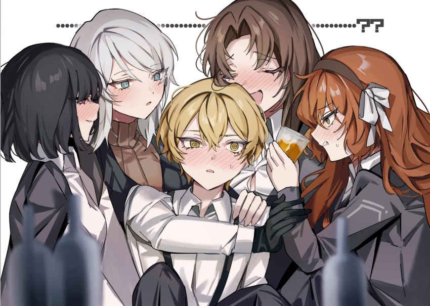 1boy 4girls black_hair blonde_hair blush brown_hair character_request closed_eyes drunk gloves highres ishmael_(project_moon) limbus_company mu46016419 multiple_girls orange_hair project_moon rodion_(project_moon) shirt simple_background sinclair_(project_moon) suspenders white_background white_hair white_shirt yellow_eyes