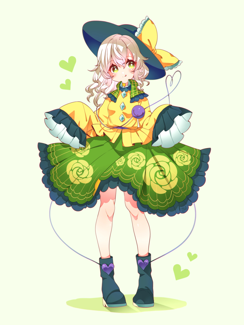 1girl :q black_footwear black_headwear blouse blush boots bow bright_pupils buttons closed_mouth diamond_button eyeball floral_print frilled_shirt_collar frilled_skirt frilled_sleeves frills full_body green_background green_eyes green_skirt hat hat_bow heart heart_of_string highres knees komeiji_koishi light_green_hair long_sleeves looking_to_the_side medium_hair rose_print shirt simple_background skirt sleeves_past_fingers sleeves_past_wrists smile solo standing third_eye toconikky tongue tongue_out touhou wavy_hair wide_sleeves yellow_bow yellow_shirt