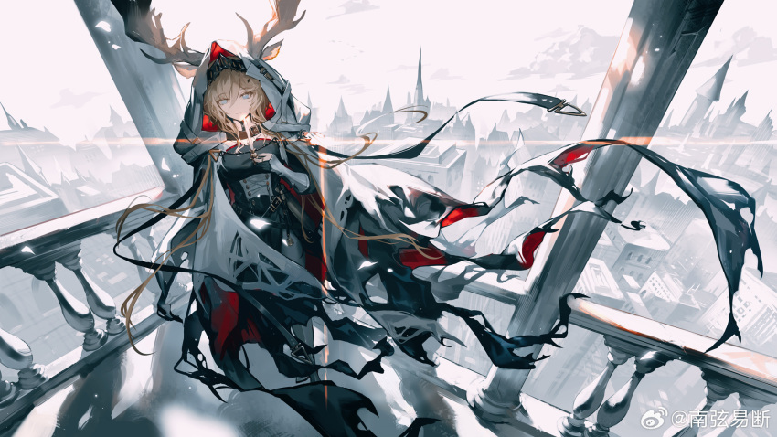 1girl animal_ears antlers antlers_through_hood architecture arknights balcony black_dress blonde_hair blue_eyes castle chinese_commentary cloak cloud commentary_request deer_antlers deer_ears deer_girl dress ears_through_hood full_body gauntlets grey_sky highres hood hooded_cloak lens_flare long_hair looking_at_viewer nanxianyiduan outdoors railing sidelocks sky solo torn_cloak torn_clothes viviana_(arknights) weibo_username white_cloak