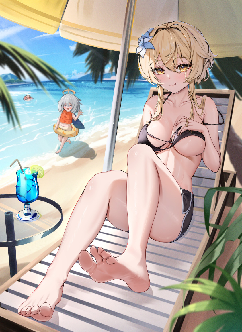 3girls absurdres bare_legs barefoot beach beach_chair beach_umbrella bikini black_bikini blonde_hair blue_sky breasts cleavage day dolphin_shorts flower genshin_impact hair_between_eyes hair_flower hair_ornament hand_on_own_chest highres innertube large_breasts looking_at_viewer lumine_(genshin_impact) multiple_girls ocean outdoors paimon_(genshin_impact) palm_tree radoremo sand short_hair short_hair_with_long_locks shorts sidelocks sitting sky smile strap_slip swimsuit tongue tongue_out tree umbrella water yellow_eyes