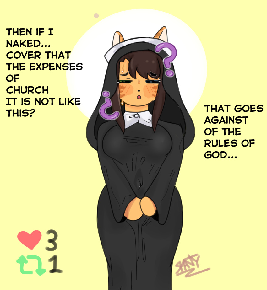 absurd_res animal_humanoid big_(disambiguation) big_breasts blush breasts brown_hair butt clothed clothing curvy_figure digital_media_(artwork) felid feline female fur hair hi_res humanoid mammal nun nun_outfit orange_body orange_fur shantohru shanty shantyowo simple_background solo thick_thighs wide_hips