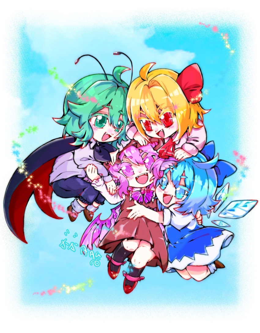 4girls ahoge animal_ears antennae artist_name ascot bird_ears bird_wings black_cape black_pants black_socks blonde_hair blue_bow blue_dress blue_eyes blue_hair blush bobotatamu bow brown_dress brown_footwear brown_headwear cape cirno collared_shirt detached_wings dress earrings fairy fang fangs green_eyes green_hair hair_between_eyes hair_bow hair_ribbon hat highres ice ice_wings jewelry kneehighs long_sleeves multiple_girls mystia_lorelei open_mouth pants pink_eyes pink_hair pink_wings red_ascot red_eyes red_footwear red_ribbon ribbon rumia shirt shoes short_hair signature single_earring smile socks team_9 touhou white_shirt white_socks wings wriggle_nightbug