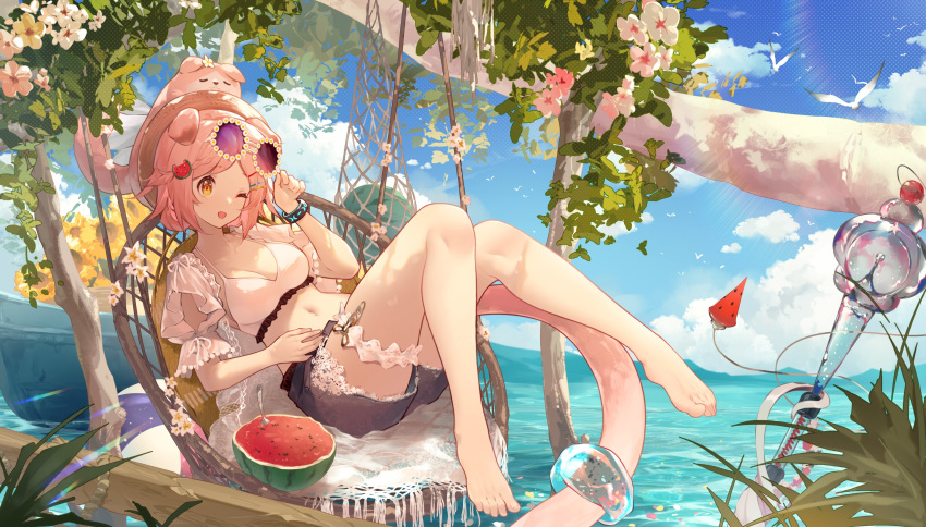 1girl absurdres animal_ears arknights arm_cutout barefoot bikini breasts bridal_garter brown_headwear cat cat_ears cat_girl cat_tail cleavage cloud day eyewear_on_head floppy_ears flower flower-shaped_eyewear food food-themed_hair_ornament frills fruit full_body goldenglow_(arknights) goldenglow_(summer_flowers)_(arknights) hair_ornament hairclip hat highres infection_monitor_(arknights) innertube jiusan_naitan leaning_back looking_at_viewer medium_breasts melon melon_hair_ornament melon_slice navel ocean one_eye_closed pink_cat pink_hair purple-tinted_eyewear shorts sky solo sunglasses swimsuit swing tail tail_ornament tinted_eyewear watermelon watermelon_hair_ornament watermelon_slice white_bikini yellow_eyes