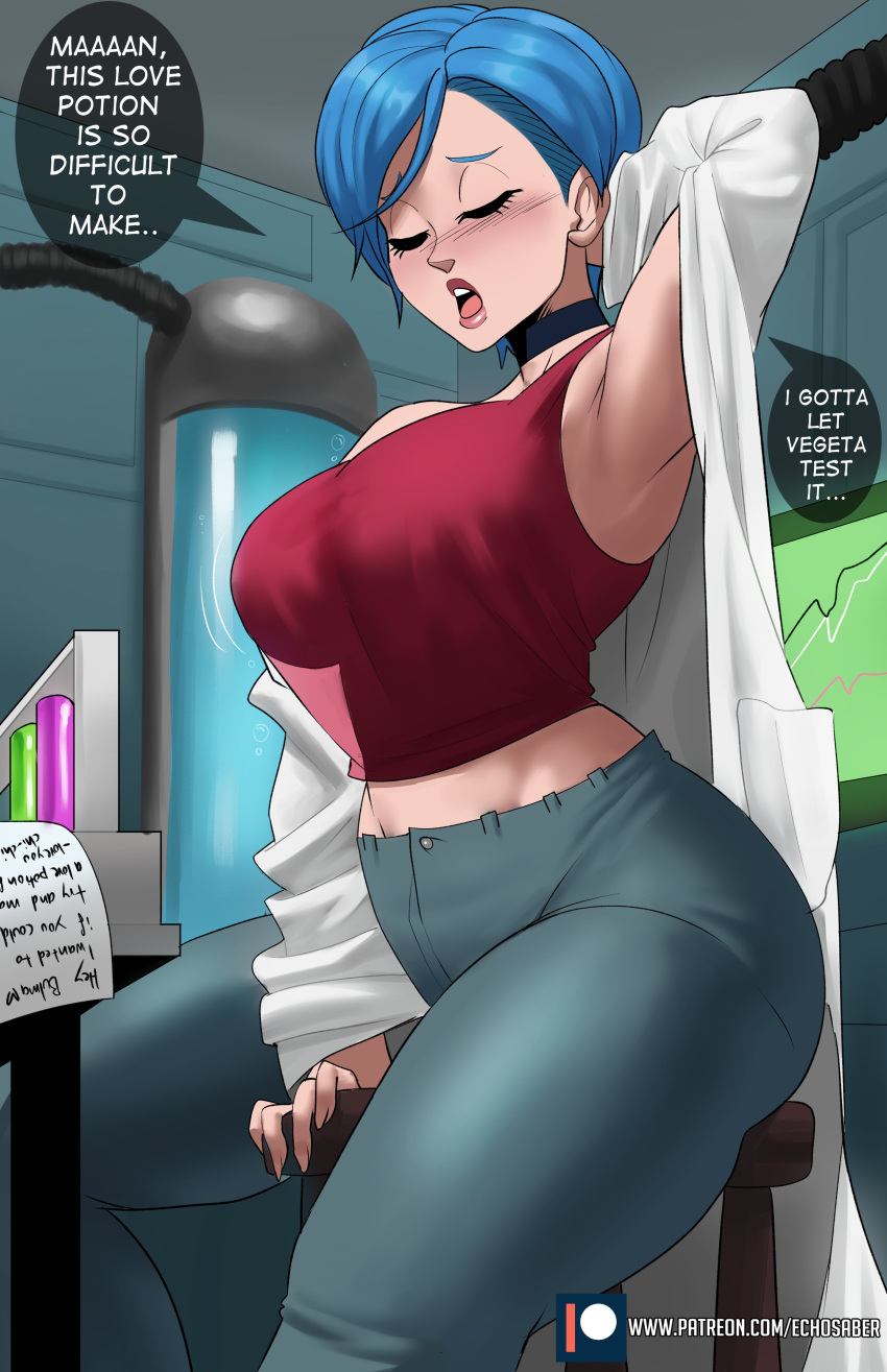 1girl absurdres arm_behind_head arm_support arm_up black_choker blue_hair blush breasts bulma chair choker cleavage closed_eyes dragon_ball dragon_ball_super echo_saber english_text highres huge_breasts lab_coat laboratory large_breasts mature_female nose_blush open_mouth original pants paper red_shirt shirt short_hair sitting solo speech_bubble underwear