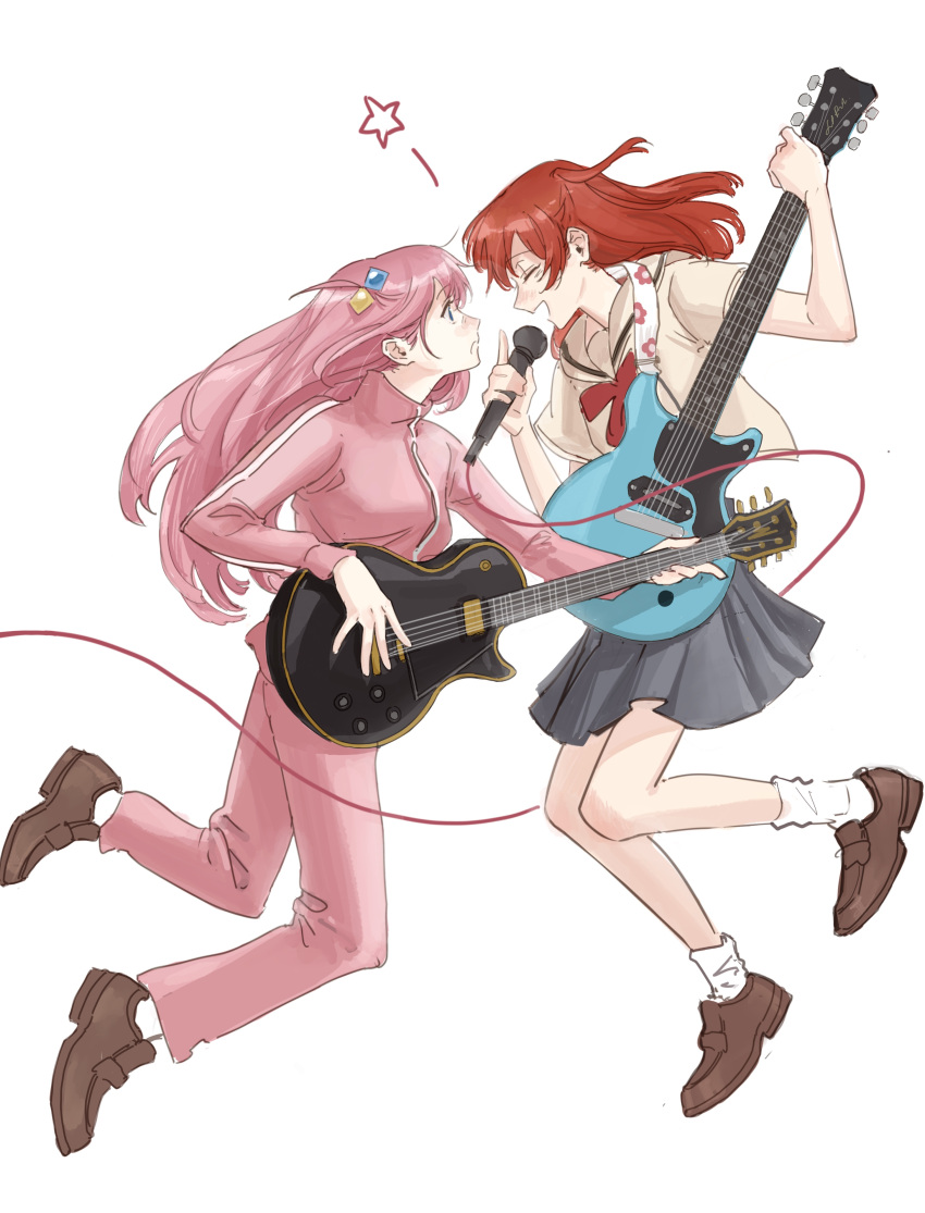 2girls absurdres blue_eyes bocchi_the_rock! bow cube_hair_ornament deerwhisky electric_guitar floating gibson_les_paul gotou_hitori guitar hair_ornament happy highres holding holding_instrument instrument jacket kita_ikuyo legs_folded long_hair long_sleeves looking_at_another looking_up medium_hair microphone miniskirt multiple_girls music neckerchief open_mouth pants pink_hair playing_instrument pleated_skirt ponytail red_hair school_uniform serafuku shoes shuka_high_school_uniform side_ponytail simple_background singing skirt socks star_(symbol) strap surprised track_jacket white_background wire yuri