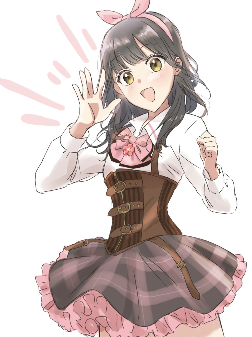 1girl :d assault_lily belt belt_buckle black_hair bow bow_hairband brown_belt brown_skirt buckle clenched_hand collared_shirt commentary_request corset cowboy_shot frilled_skirt frills hair_bow hairband hands_up highres light_blush long_hair long_sleeves looking_at_viewer ludvico_private_girls'_academy_school_uniform miniskirt multiple_belts nagase_marta_nonoka open_hand open_mouth pink_bow pink_hairband school_uniform shakeza shirt simple_background skirt smile solo standing suspenders underbust white_background white_shirt yellow_eyes zipper_pull_tab